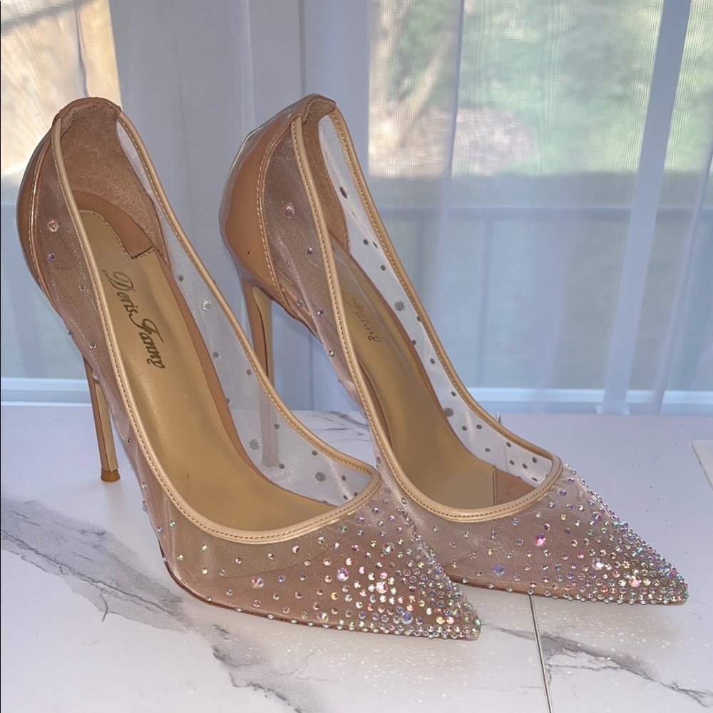 Rhinestone Nude Patent Leather & Mesh Heels - Size 42